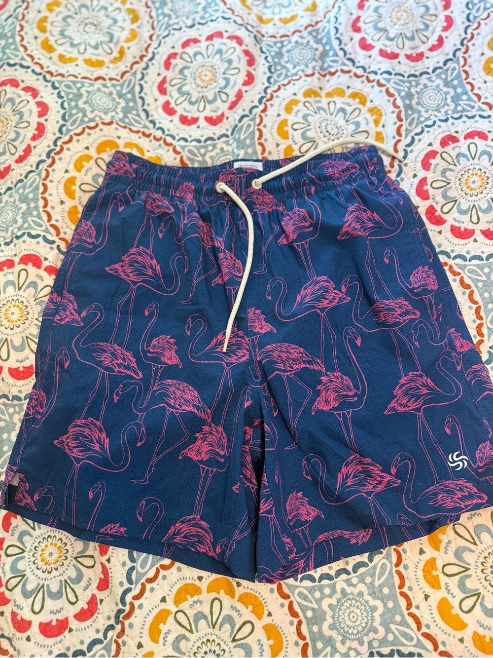 Navy Blue swimming suit Shorts with Pink Flamingo Print- size small - Picture 2 of 3
